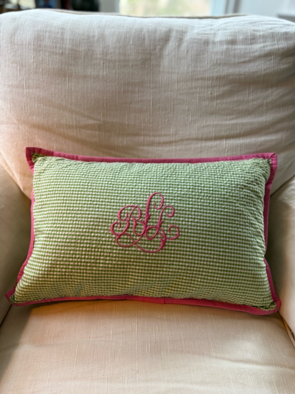 Vintage Ralph Lauren Monogrammed Green and pink Gingham Pillow 100% cotton